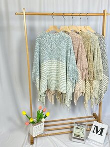 1入組女性雙顏色針織羊絨感覺防風斗篷披肩帶流蘇流蘇適合春天秋天旅行,節假日,禮物 - 米色 - 查看 1