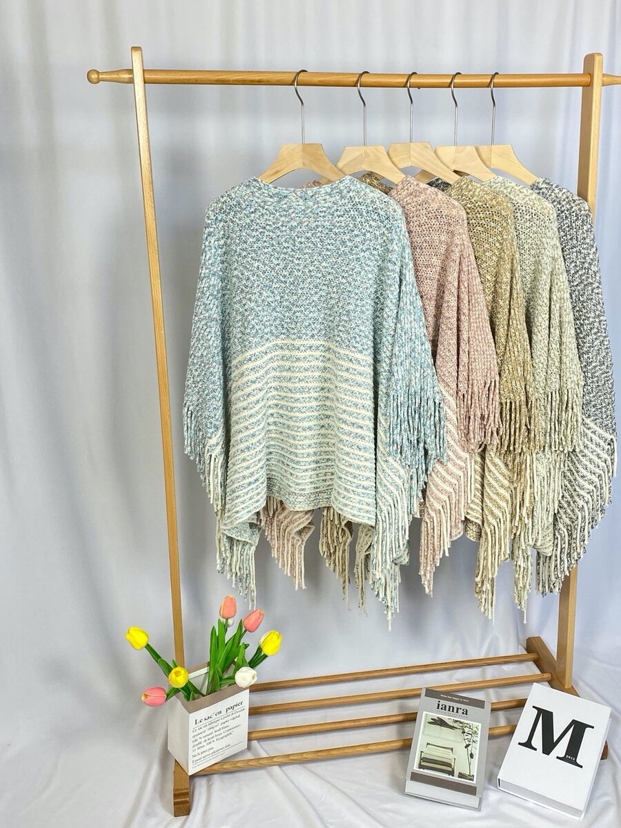 1入組女性雙顏色針織羊絨感覺防風斗篷披肩帶流蘇流蘇適合春天秋天旅行,節假日,禮物 - 米色 - 查看 1