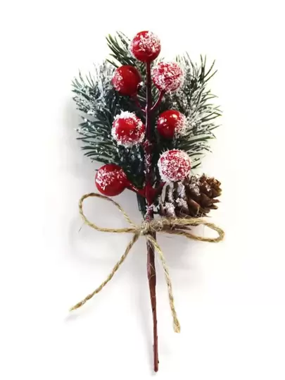 2入組紅色漿果和冰雪覆蓋松針仿真植物，適合節日裝飾和送禮