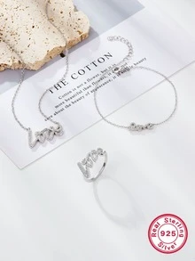 歐美時尚華麗女士們鑽石圓環晚餐低過敏性方晶鋯石項鍊手環三件套套裝 - 銀色 - 查看 2