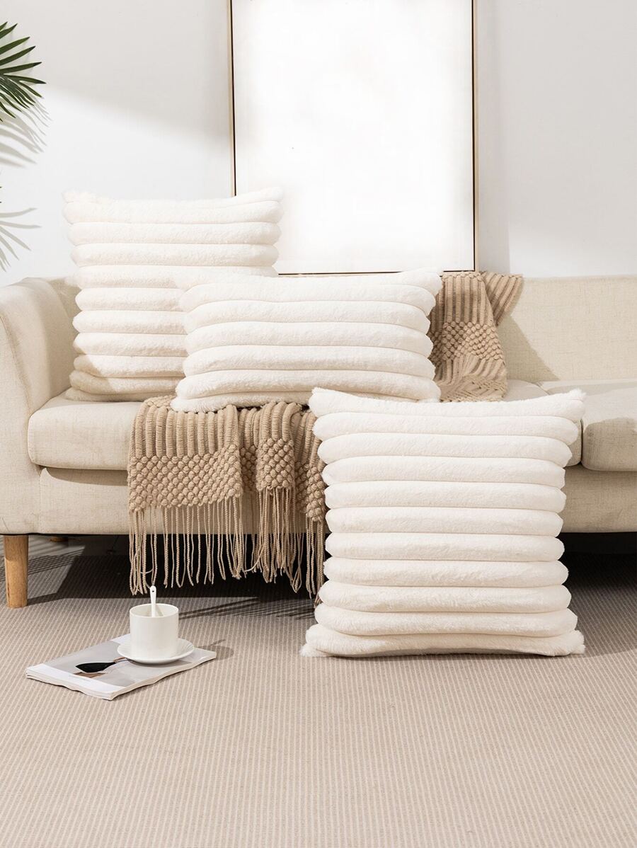 1pc Plush Wide Stripe Pillowcase - White - View 1