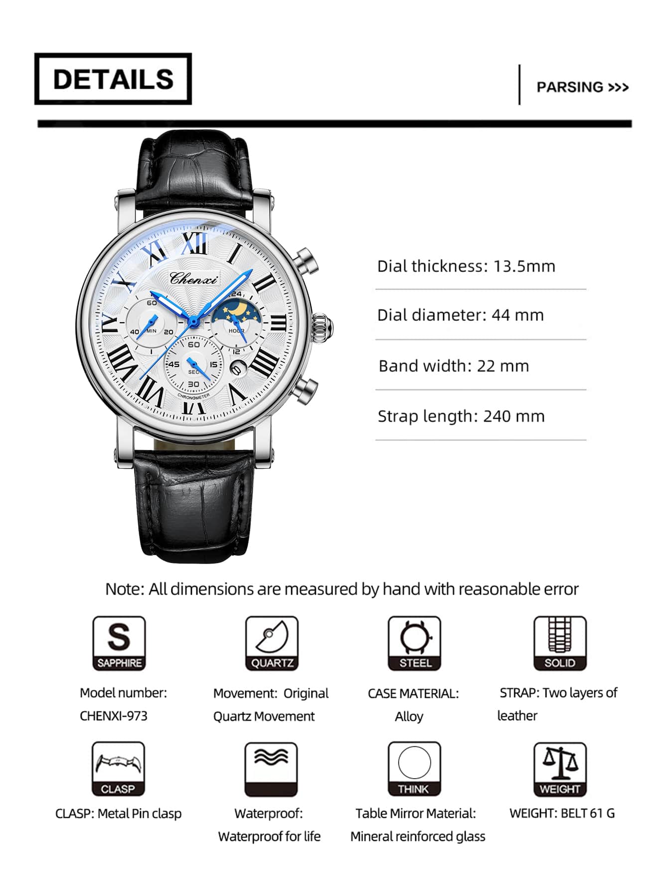 Chenxi Men's Waterproof Quartz Calendar Watch Featuring Roman Numerals Scale, Moon Phase, And