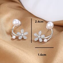 1 对时尚镀银前后耳环，带人造珍珠和花朵、鱼尾和叶子设计，情人节、妈妈、母亲、母亲节、礼物 - 銀色 - 查看 3