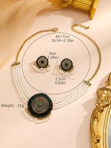 3pcs/set Metallic Faux Pearl Chain, Round Hollow Pendant & Rhinestone Inlaid Elegant Jewelry Set For Women - Multicolor - View 3