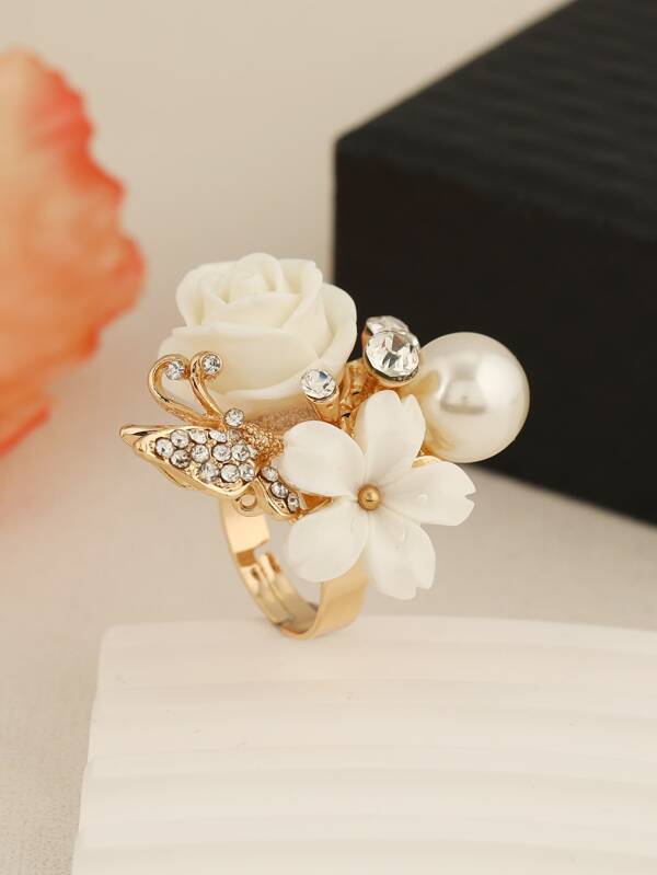 1pc Fashionable Flower & Butterfly Shaped Adjustable Ring With Simulated Faux Pearl Accent