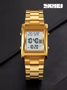 Skmei 1入組男士金色不銹鋼錶帶商務日曆鬧鐘防水方形錶盤數字手錶，適用於日常生活 - 金色 - 查看 1