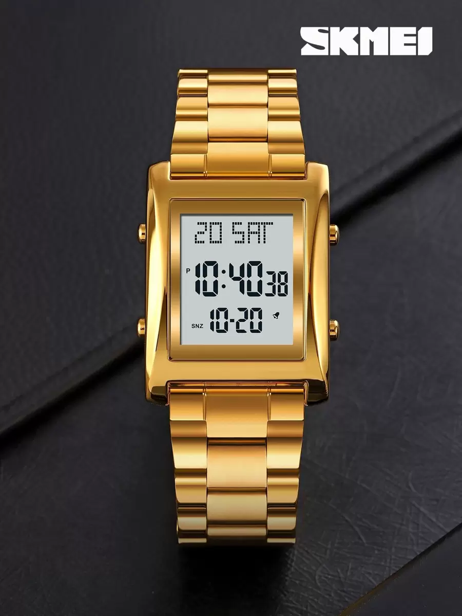 Skmei 1入組男士金色不銹鋼錶帶商務日曆鬧鐘防水方形錶盤數字手錶，適用於日常生活 - 金色 - 查看 1