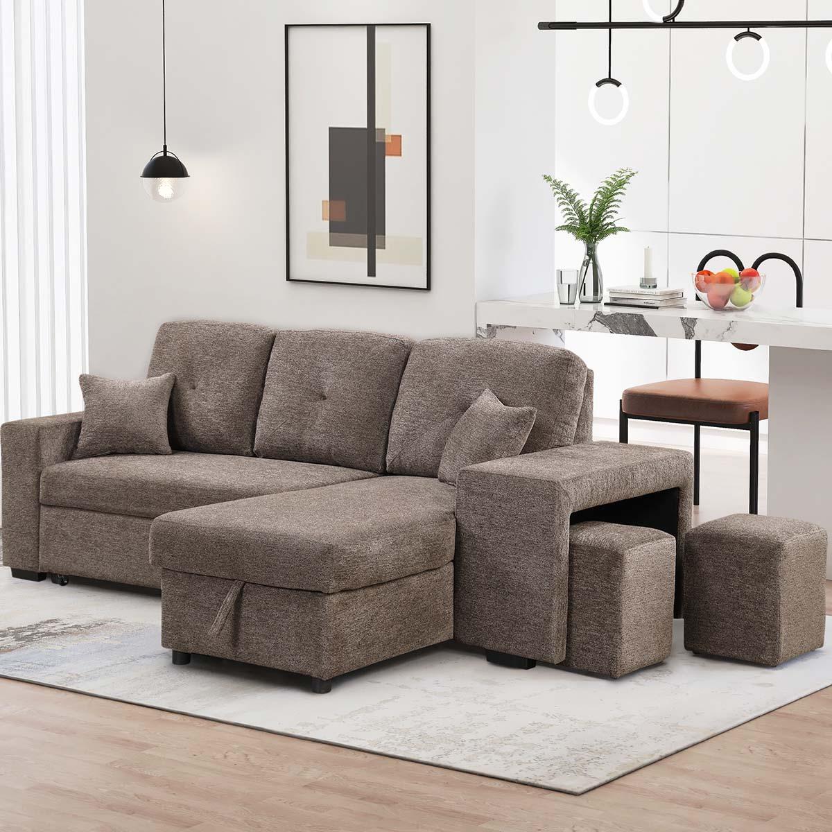 Reversible Sleeper Sectional Sofa Bed with Side Shelf and 2 Stools Pull