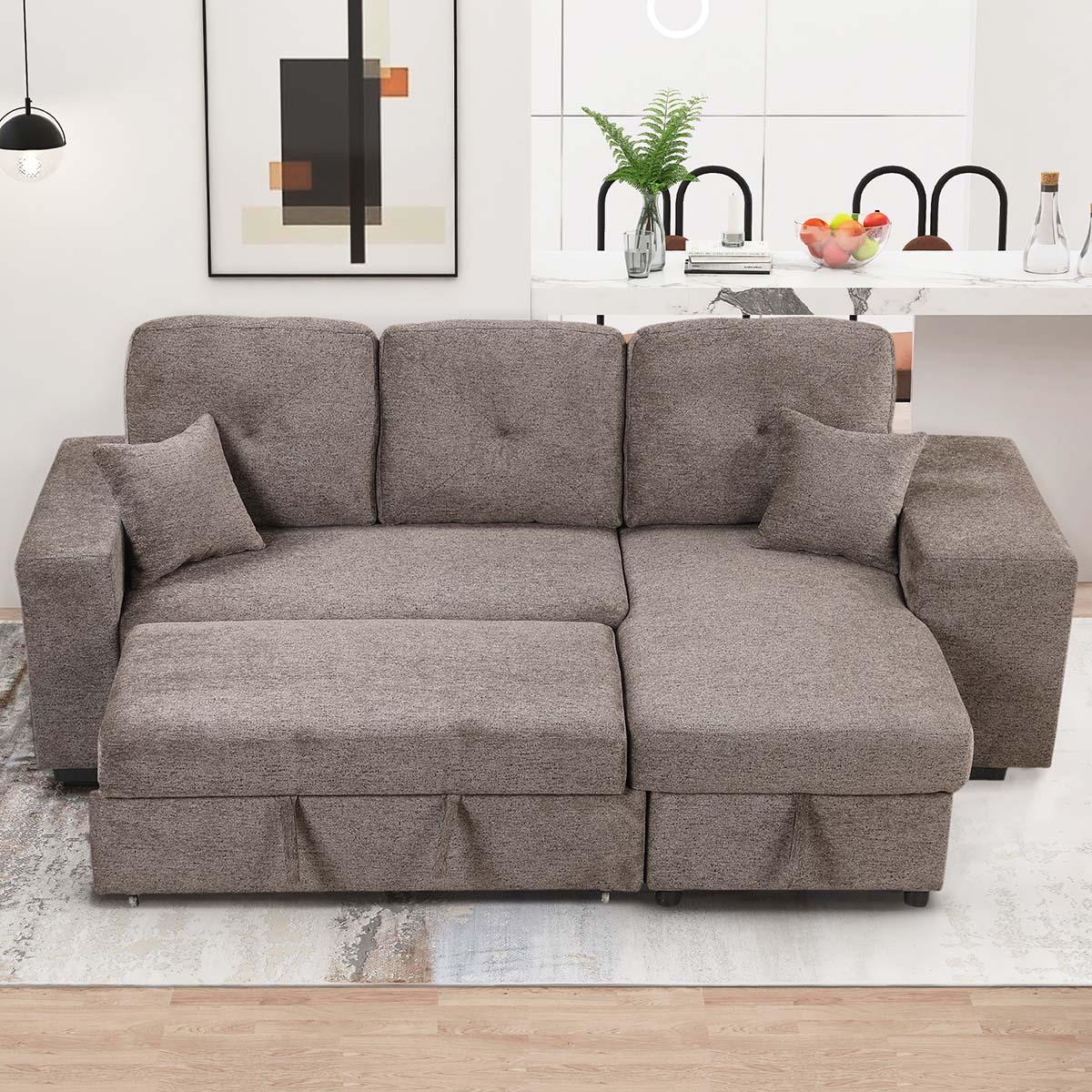 Reversible Sleeper Sectional Sofa Bed with Side Shelf and 2 Stools Pull