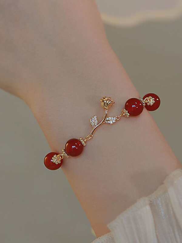 1pc Red Agate Beaded Rose Chain Bracelet Valentines,Mom,Mother,Mother's Day,Gift
