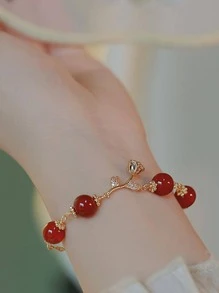 1 件红玛瑙串珠玫瑰链手链情人节、妈妈、母亲、母亲节、礼物 - 紅色 - 查看 2
