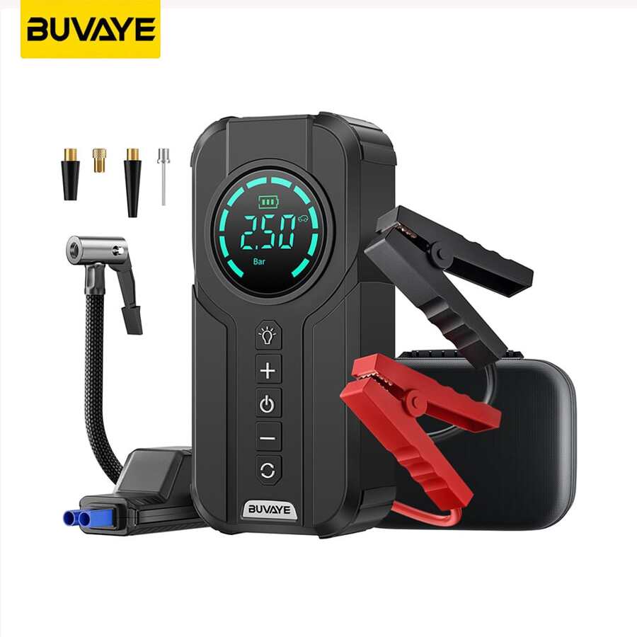 BUVAYE Car Jump Starter Air Pump Portable Air Compressor Multi-function Tire Inflator Auto Portable Battery Starter With EVA Bag - màu đen - Xem 1