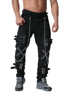 TRGPSG Men's Fashion Hiphop Rock Punk Gothic Pants Techwear Sport Hiking Riding Cotton Cargo Pants - K014黑色 - 查看 1