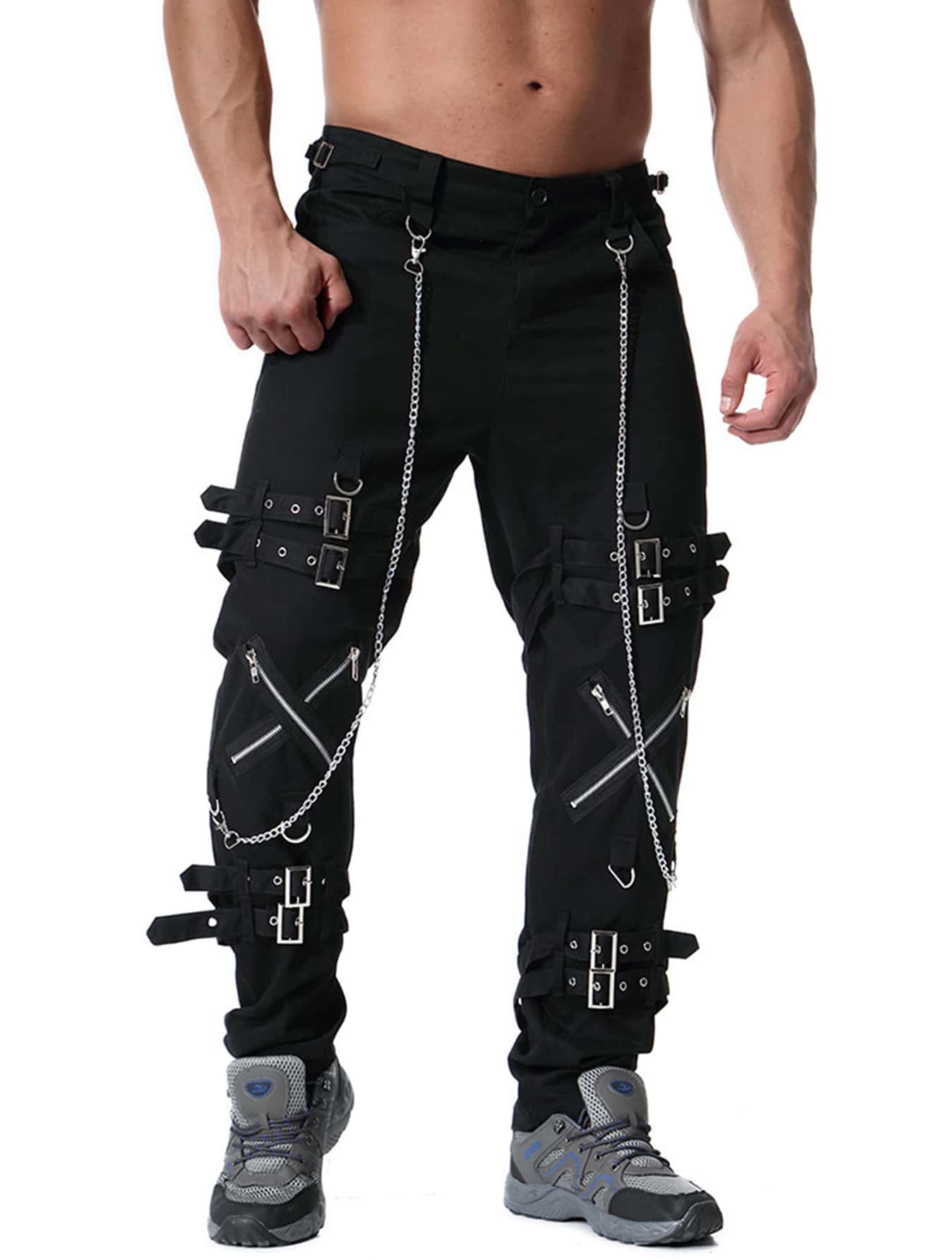 TRGPSG Men's Fashion Hiphop Rock Punk Gothic Pants Techwear Sport Hiking Riding Cotton Cargo Pants - K014黑色 - 查看 1