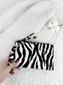 Zebra Pattern Fashion Zipper Clutch Bag, Coin Purse, Mobile Phone Bag, Wristlet High Quality Leather - Black and White - View 3