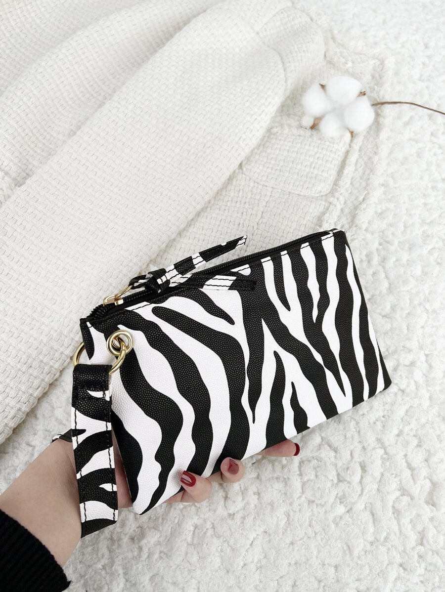 Zebra Pattern Fashion Zipper Clutch Bag, Coin Purse, Mobile Phone Bag, Wristlet High Quality Leather - Black and White - View 1