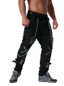 TRGPSG Men's Fashion Hiphop Rock Punk Gothic Pants Techwear Sport Hiking Riding Cotton Cargo Pants - K014黑色 - 查看 3