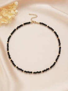 1 件女士玻璃水晶和金珠颈链，黑白简约精致串珠项链，适合青少年女孩学院风珠宝 - 黑色 - 查看 11
