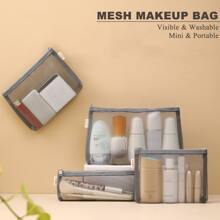 Bộ 3 túi trang điểm dạng lưới thoáng khí, bao gồm túi đựng son môi nhỏ, túi đựng mỹ phẩm, túi đựng đồ du lịch, túi đựng văn phòng phẩm di động, hộp đựng cọ trang điểm đựng đồ trang điểm - Màu be - Xem 1
