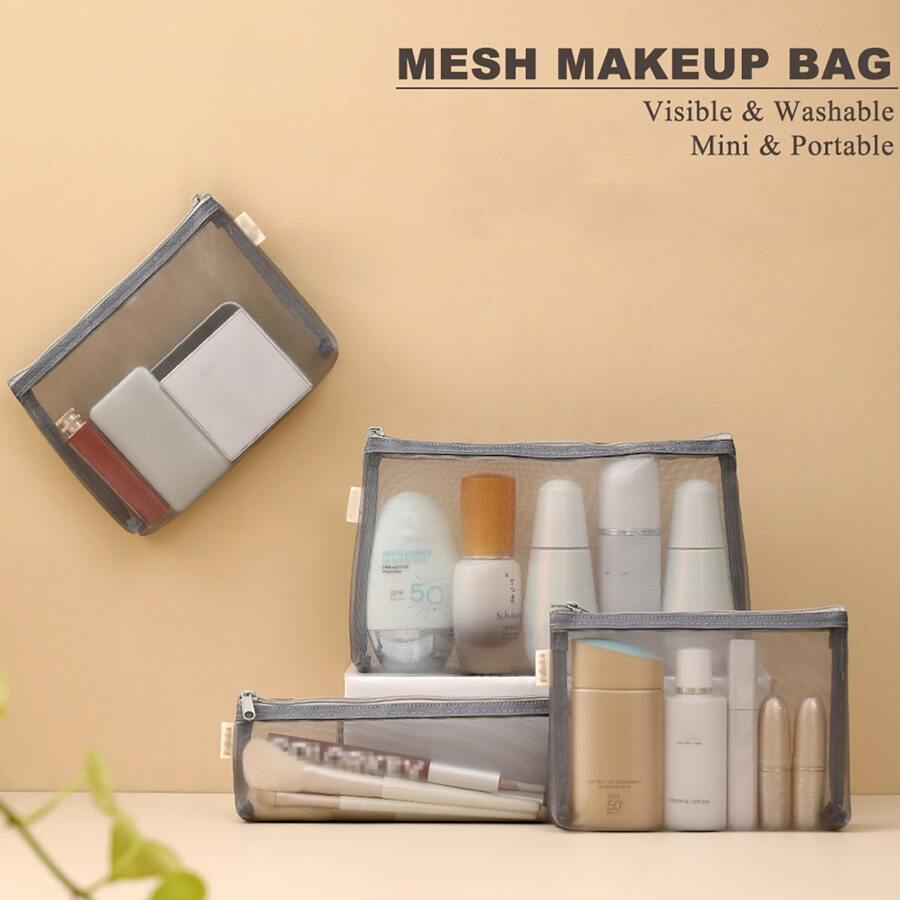 Bộ 3 túi trang điểm dạng lưới thoáng khí, bao gồm túi đựng son môi nhỏ, túi đựng mỹ phẩm, túi đựng đồ du lịch, túi đựng văn phòng phẩm di động, hộp đựng cọ trang điểm đựng đồ trang điểm - Màu be - Xem 1