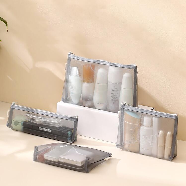 Bộ 3 túi trang điểm dạng lưới thoáng khí, bao gồm túi đựng son môi nhỏ, túi đựng mỹ phẩm, túi đựng đồ du lịch, túi đựng văn phòng phẩm di động, hộp đựng cọ trang điểm đựng đồ trang điểm - Màu be - Xem 4