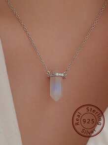 S925純銀六角形水晶月長石吊墜項鍊,女性多用途精美首飾類適用於節日派對,情侶禮品項鍊 - 銀色 - 查看 1