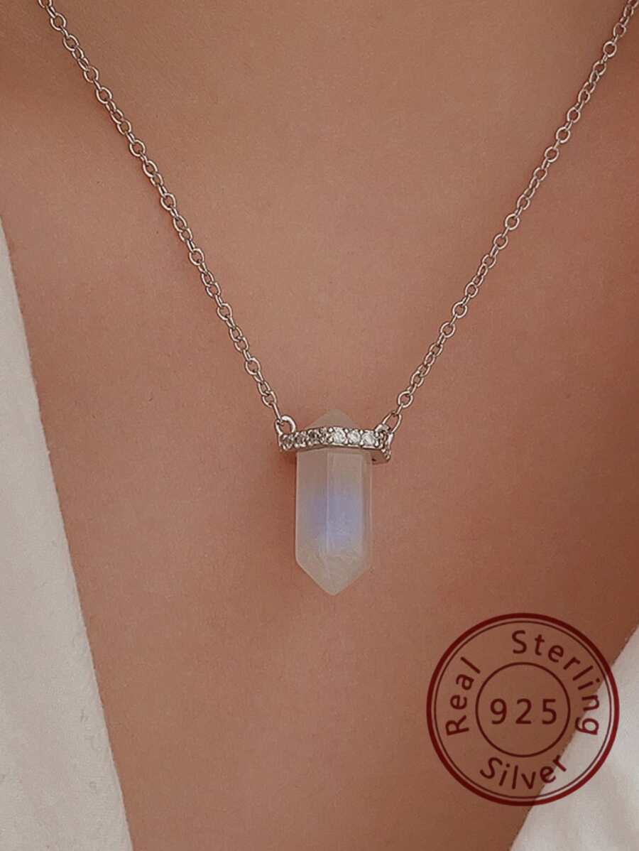S925純銀六角形水晶月長石吊墜項鍊,女性多用途精美首飾類適用於節日派對,情侶禮品項鍊 - 銀色 - 查看 1