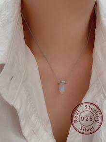 S925純銀六角形水晶月長石吊墜項鍊,女性多用途精美首飾類適用於節日派對,情侶禮品項鍊 - 銀色 - 查看 3