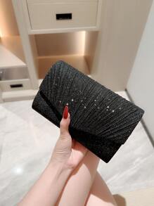 華麗,優雅,精緻,安靜豪華的亮片,時尚,奢華,閃亮的小閃粉修邊時尚壓褶翻蓋手拿包,帶金屬鏈適用於派對女孩,女人,新娘,完美適用於派對,婚禮,舞會,晚餐/宴會 - 黑色 - 查看 2