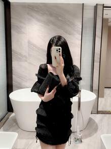 華麗,優雅,精緻,安靜豪華的亮片,時尚,奢華,閃亮的小閃粉修邊時尚壓褶翻蓋手拿包,帶金屬鏈適用於派對女孩,女人,新娘,完美適用於派對,婚禮,舞會,晚餐/宴會 - 黑色 - 查看 8