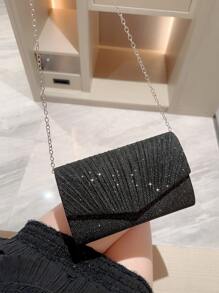 華麗,優雅,精緻,安靜豪華的亮片,時尚,奢華,閃亮的小閃粉修邊時尚壓褶翻蓋手拿包,帶金屬鏈適用於派對女孩,女人,新娘,完美適用於派對,婚禮,舞會,晚餐/宴會 - 黑色 - 查看 7