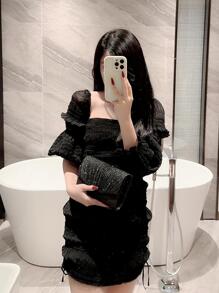 華麗,優雅,精緻,安靜豪華的亮片,時尚,奢華,閃亮的小閃粉修邊時尚壓褶翻蓋手拿包,帶金屬鏈適用於派對女孩,女人,新娘,完美適用於派對,婚禮,舞會,晚餐/宴會 - 黑色 - 查看 10