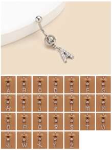 1片的迷人和精美銅不銹鋼水鑽字母造型ABCDEFGHKLMOPSTUVWXYZ26英文字母肚臍指甲,合適的適用於女性日常海灘,派對和禮物 - 銀色 - 查看 1