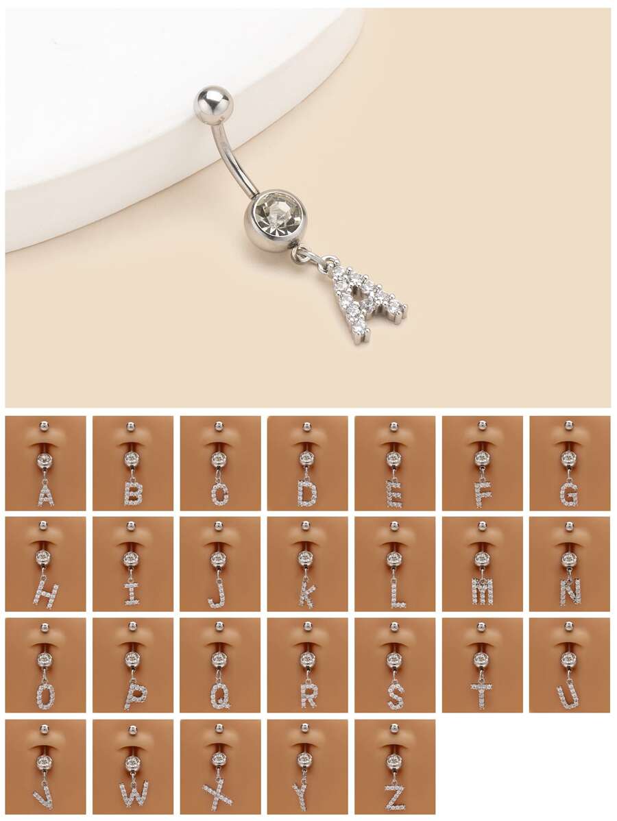 1片的迷人和精美銅不銹鋼水鑽字母造型ABCDEFGHKLMOPSTUVWXYZ26英文字母肚臍指甲,合適的適用於女性日常海灘,派對和禮物 - 銀色 - 查看 1