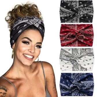 1pc/4pcs Women Fashion Wide Tie-Knot Headbands, Crossover Tie-Dye Elastic Headwrap, Paisley Print And Solid Color, Soft Yoga Sports Headband Hair Band Turban Headband Sweatband, School Stuff, College Fall Winter Hair Accessories For Women For Vacation Outfits Woman Elegant Scarf Women Bandanas Soft Headwrap