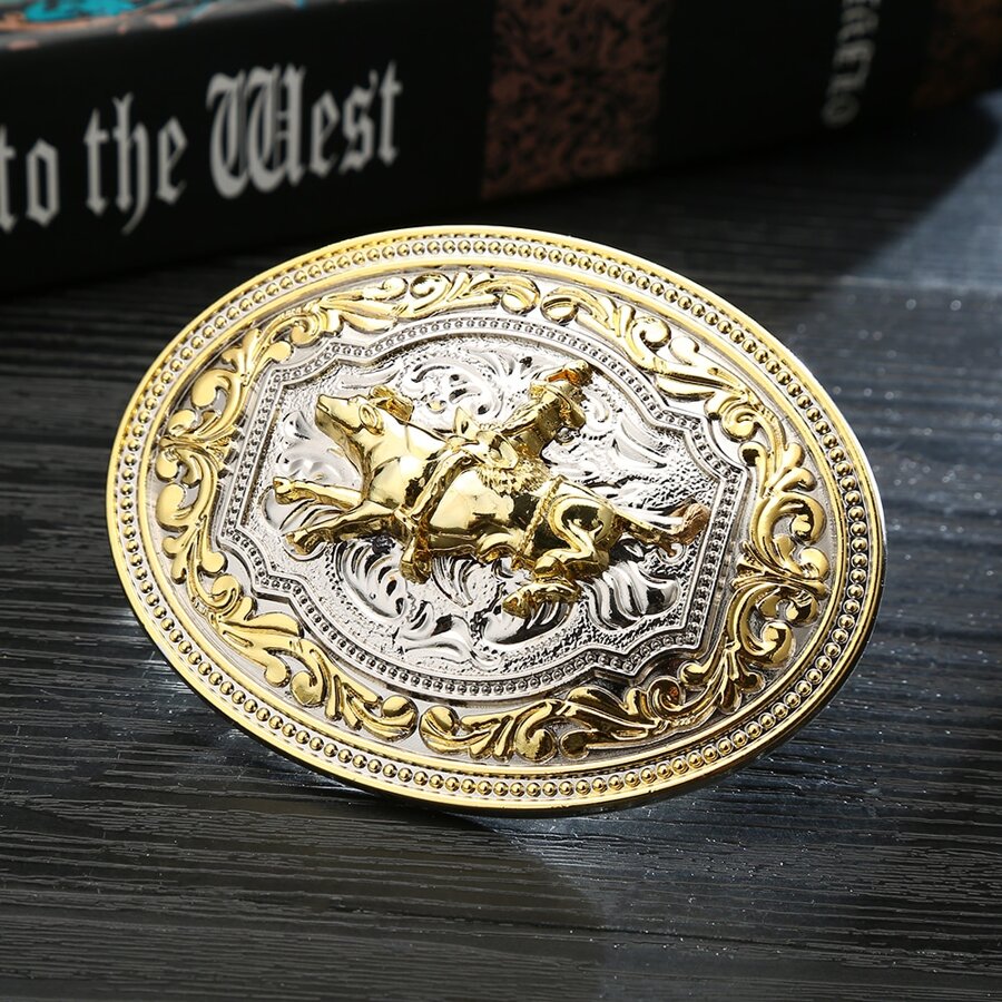 Novelty Western Style Belt Buckle With Animal Head Designs (bull, Eagle, Deer, Horse) And Dual-color Floral Patterns - Black - View 1
