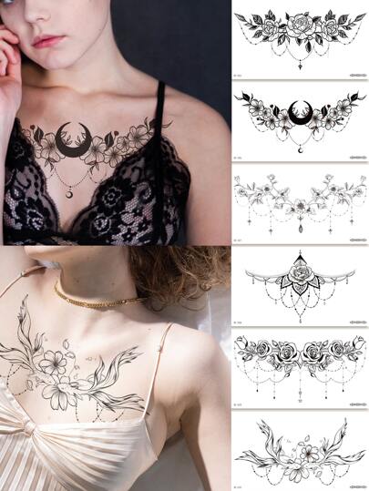 6 ملصقات أزهار للصدر السلسلة الداكنة أزهار الصدر للرجال والنساء وأسفل الظهر والذراع وشرائح نقل مؤقتة للوشم
