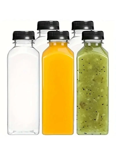 5 Stücke klare Plastik Saftflaschen mit Deckeln, auslaufsichere Getränkebehälter, großvolumige kreative Flaschen, ideal für Smoothies, Säfte, Milch und selbstgemachte Getränke, Wasserflasche, für unterwegs, Camping