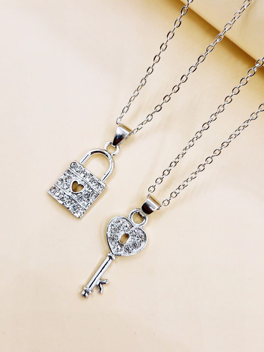 Fashionable Popular Bff Key & Lock Combined Pendant Necklace - White - View 1