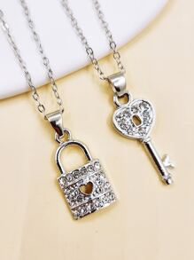 Fashionable Popular Bff Key & Lock Combined Pendant Necklace - White - View 2
