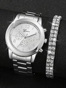 1入組手錶+1入組鑲鑽手鍊 - 銀色 - 查看 1