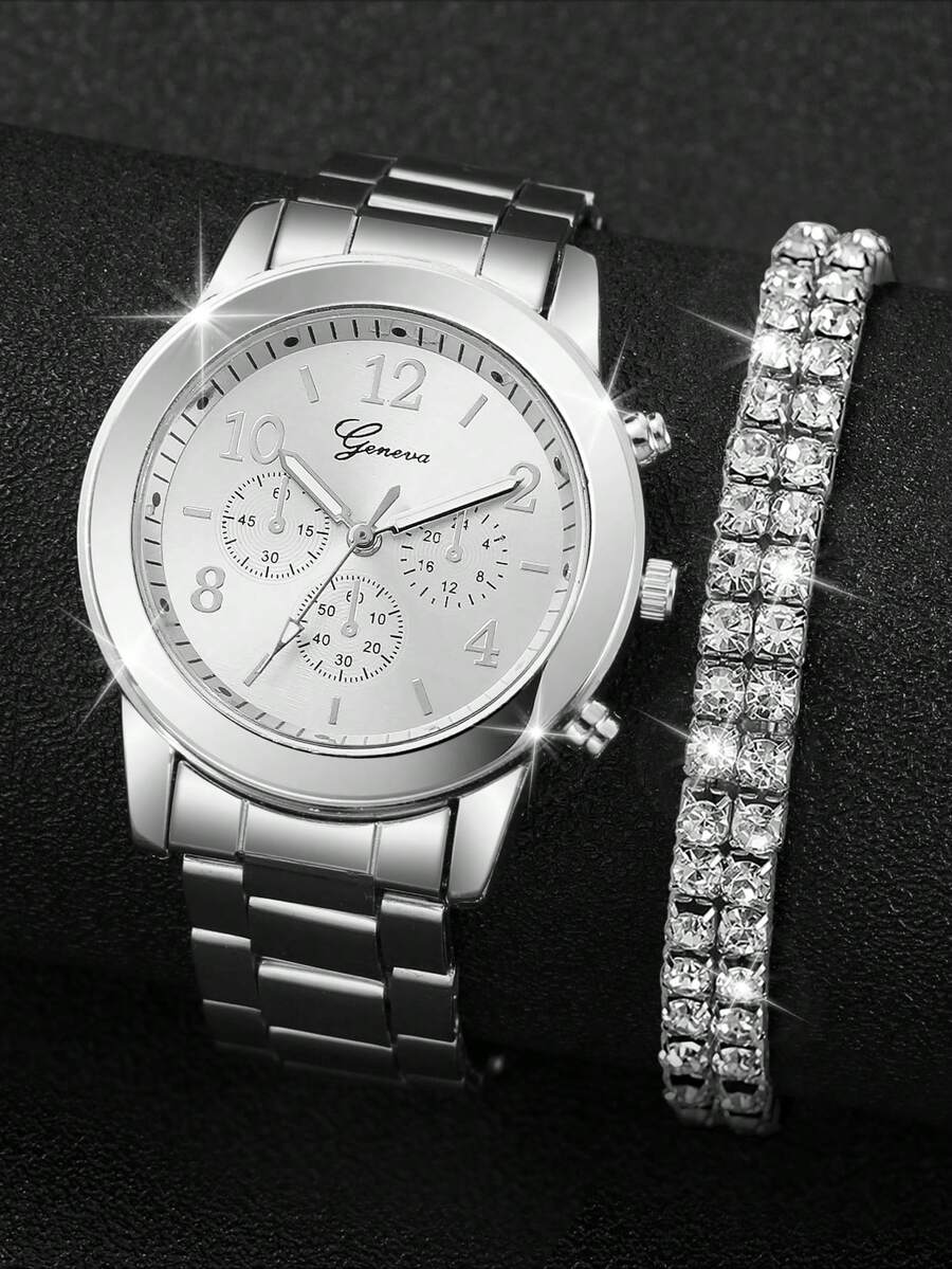 1入組手錶+1入組鑲鑽手鍊 - 銀色 - 查看 1