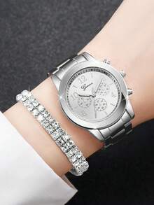 1入組手錶+1入組鑲鑽手鍊 - 銀色 - 查看 3