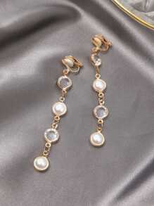 1雙金色人造珍珠&方晶鋯石夾式耳環 - 金黃色 - 查看 1