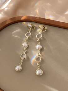 1雙金色人造珍珠&方晶鋯石夾式耳環 - 金黃色 - 查看 2