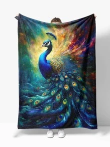 1pc Peacock Patterned Flannel Blanket, Unisex Home Accessory - Multicolor - View 1