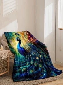 1pc Peacock Patterned Flannel Blanket, Unisex Home Accessory - Multicolor - View 2