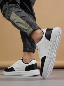 男士透氣繫帶雙色運動鞋,運動戶外板鞋 - 黑與白 - 查看 4