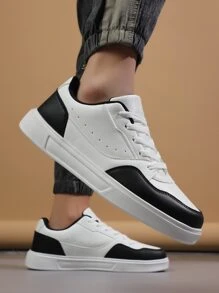 男士透氣繫帶雙色運動鞋,運動戶外板鞋 - 黑與白 - 查看 5