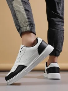 男士透氣繫帶雙色運動鞋,運動戶外板鞋 - 黑與白 - 查看 3